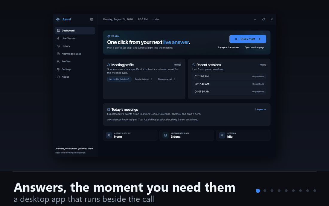 Assist walkthrough: the desktop dashboard, the knowledge base of indexed company documents, meeting profiles, the translucent overlay floating above a video call and dragged to a second position, a close-up of a sourced answer, the same overlay flagging a question its documents do not cover, the live transcript and Q&A stream, and the saved session history with export options.