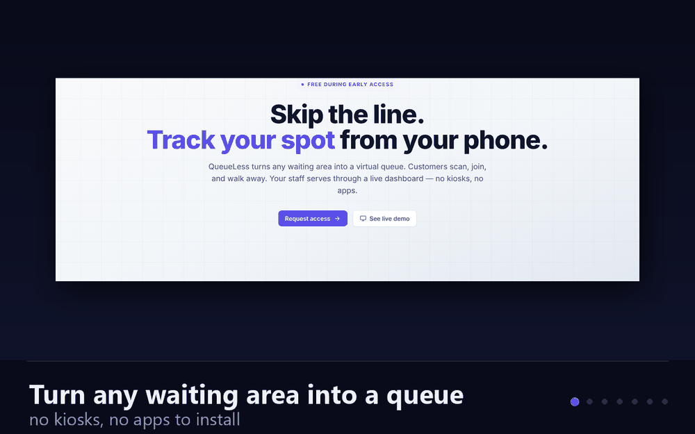QueueLess walkthrough: the landing page, a customer joining the queue from their phone and tracking their position, staff calling the next token, the waiting-room display board showing NOW SERVING, and the operator dashboard with live stats and an audit log.