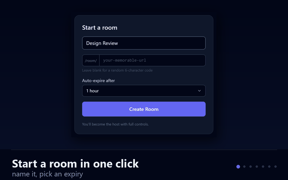 QuickShare walkthrough: creating a room, sharing the code and QR, a guest joining without an account, uploading a file, and the host panel updating live.