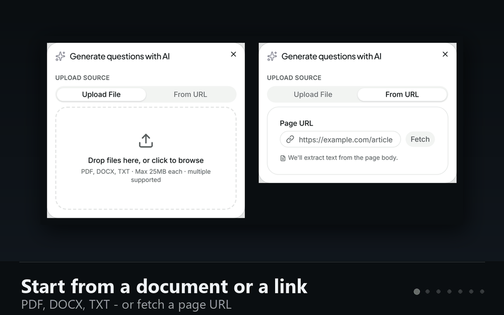 Quizzly walkthrough: the quiz dashboard, generating questions with AI from a document, the question editor, a reusable question bank, sharing by link or QR, playing a quiz, and hosting a live match with a player joined by code.