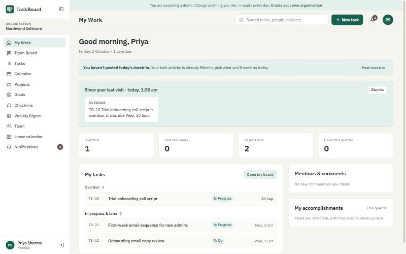 TaskBoard walkthrough: a team member&rsquo;s My Work page, the team board across backlog, to do, in progress and review, a task opened from the board, the dialogue that will not close it without an outcome note and a before-and-after measurement, the finished result marked as awaiting review, the manager&rsquo;s queue of results to accept or send back, and the team dashboard of workload, blockers and goals.